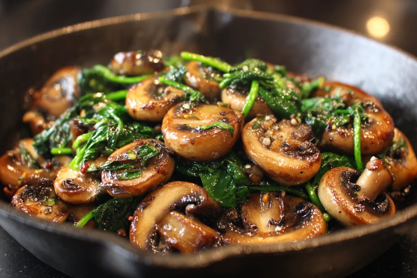 Sautéed Mushrooms with Spinach sizzling in a skillet with garlic and olive oil