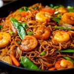 Shrimp Stir Fry with Noodles served hot with shrimp and fresh vegetables