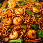 Shrimp Stir Fry with Noodles loaded with shrimp, broccoli, and bell peppers