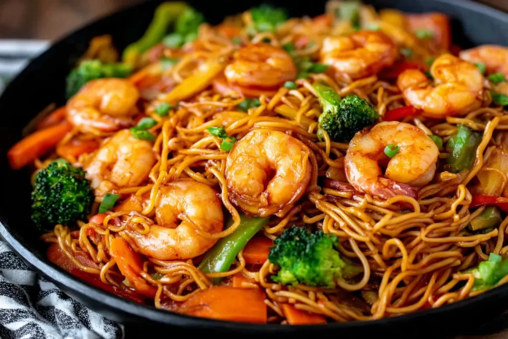 Shrimp Stir Fry with Noodles cooked in a skillet with shrimp and vegetables