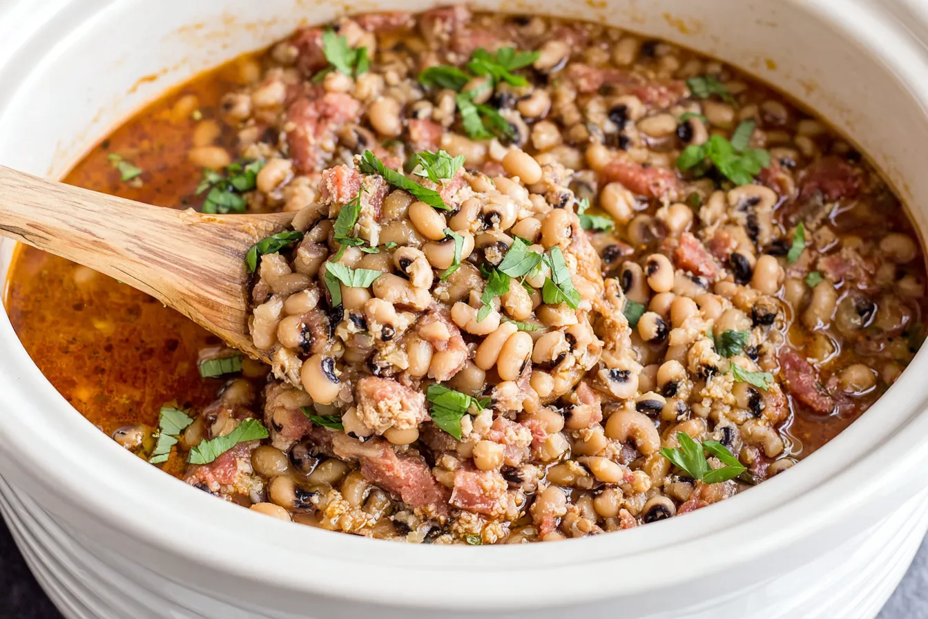 Slow Cooker Black-Eyed Peas Recipe showing tender peas and bacon scooped from the crockpot