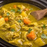Slow Cooker Chicken Curry cooking in a crock pot with potatoes and carrots