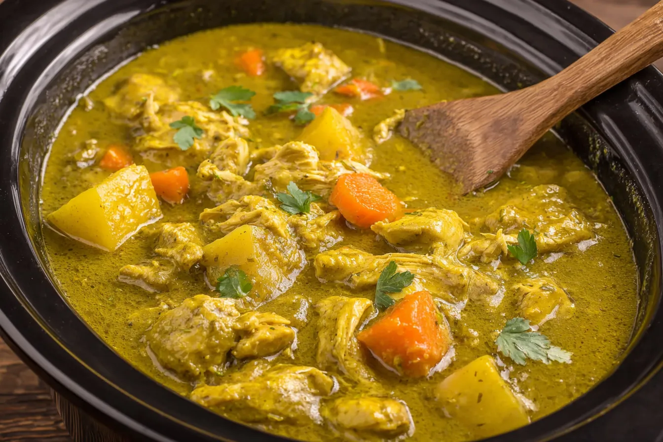 Slow Cooker Chicken Curry cooking in a crock pot with potatoes and carrots