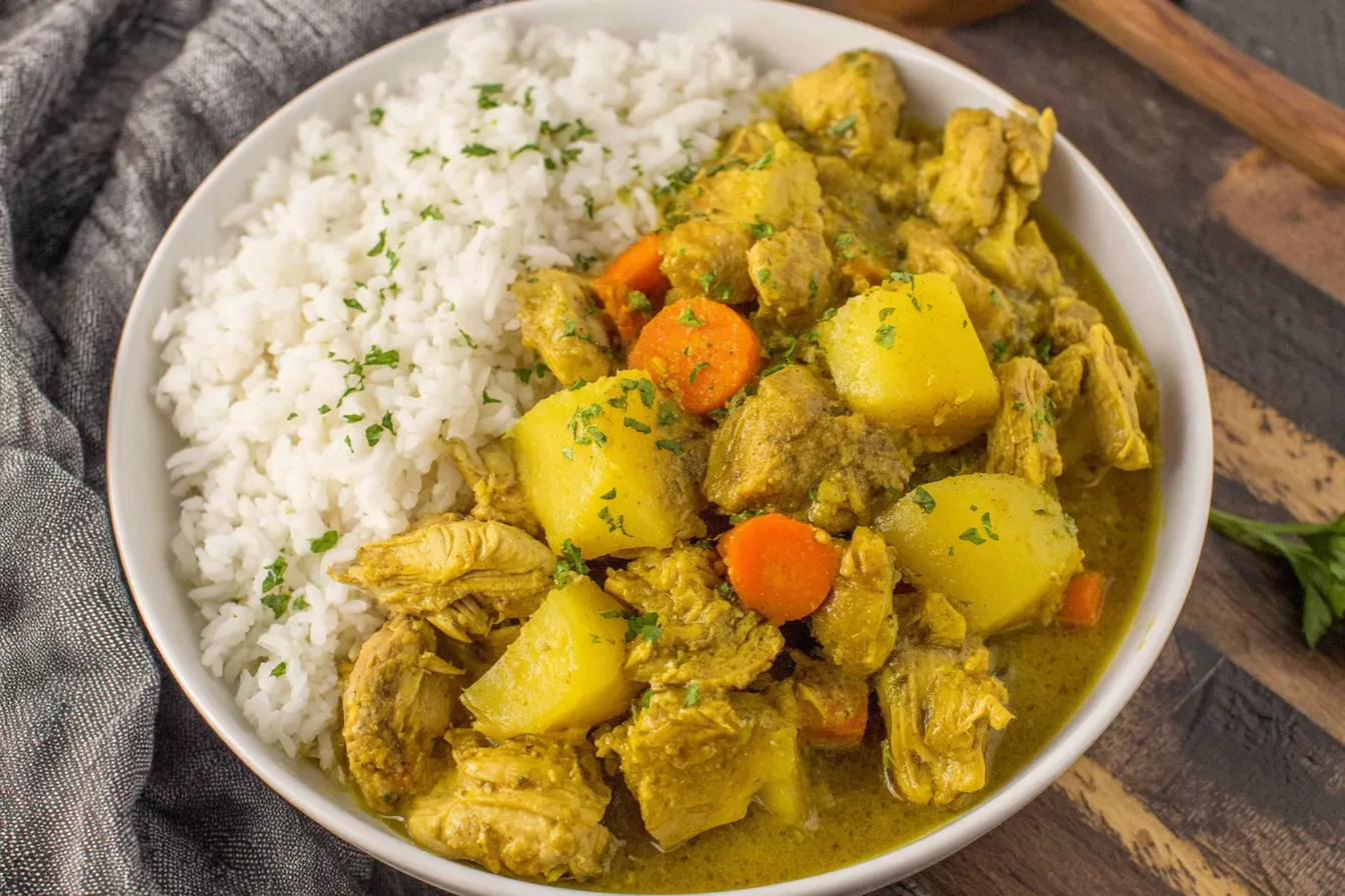 Slow Cooker Chicken Curry with Rice Slow Cooker Chicken Curry served over fluffy white rice with potatoes and carrots