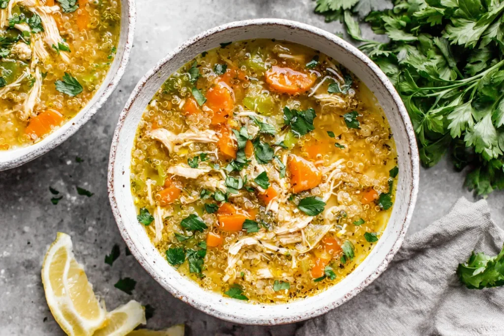 Slow Cooker Chicken Quinoa Soup served with fresh parsley and lemon on the side