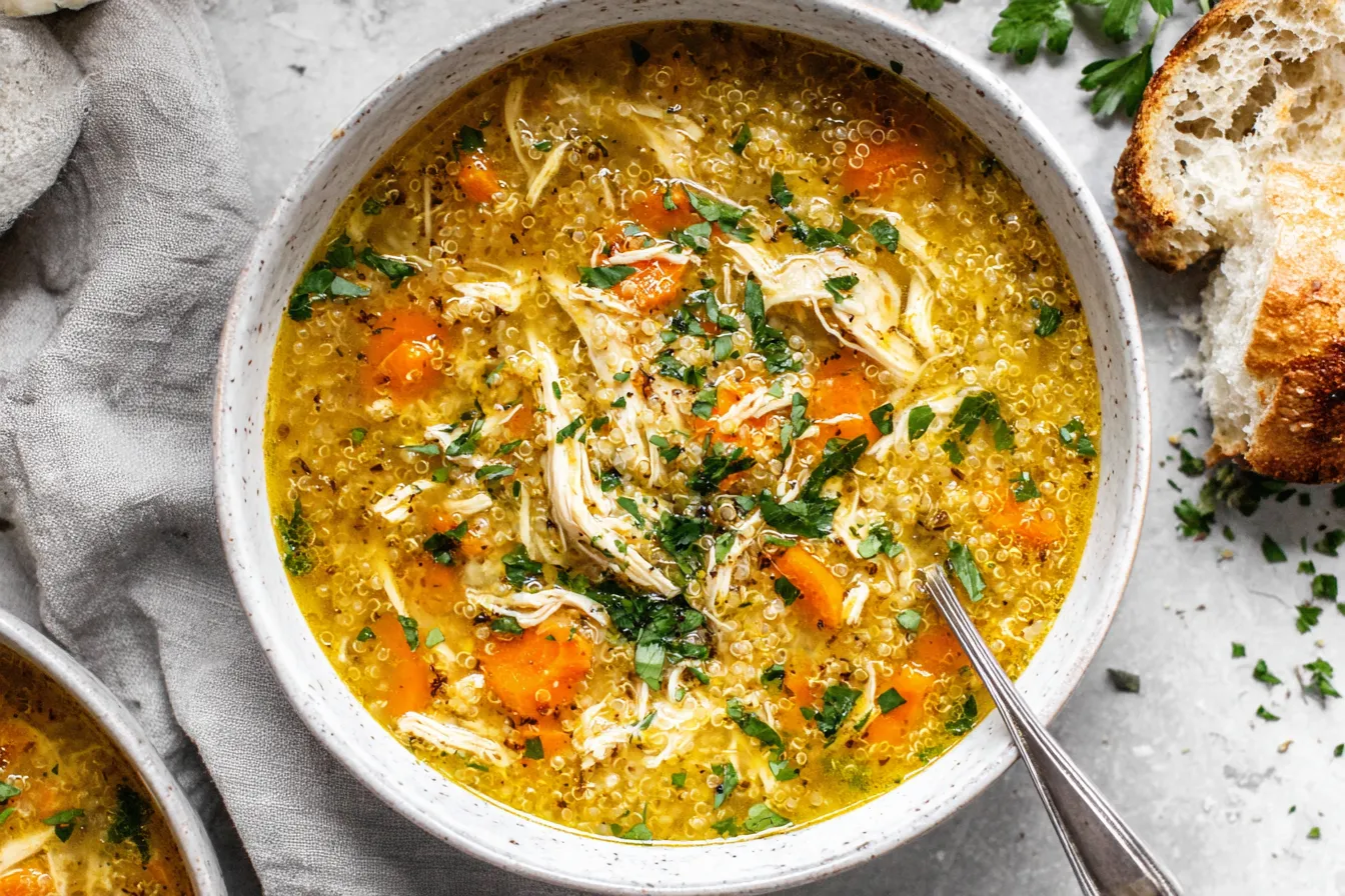 Slow Cooker Chicken Quinoa Soup with shredded chicken, carrots, and herbs in a cozy bowl