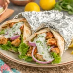 Crockpot Chicken Shawarma Recipe served in warm pita wraps with yogurt sauce, lettuce, and red onions