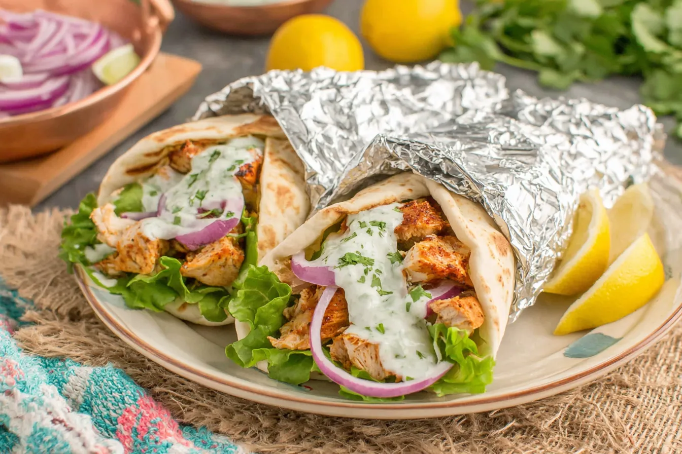 Crockpot Chicken Shawarma Recipe served in warm pita wraps with yogurt sauce, lettuce, and red onions