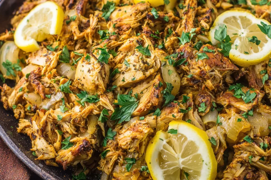 Crockpot Chicken Shawarma Recipe with tender shredded chicken, onions, and warm spices cooked in a slow cooker