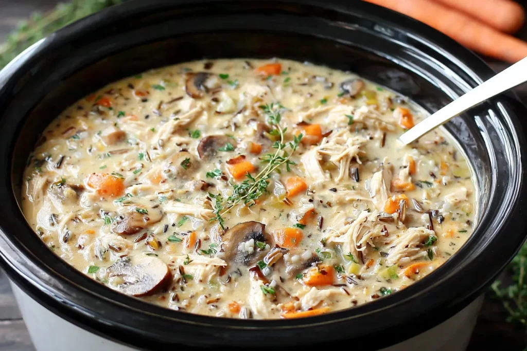 Slow Cooker Chicken and Wild Rice Soup Recipe cooking in a crockpot with shredded chicken and vegetables