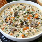 Slow CooCreamy Slow Cooker Chicken and Wild Rice Soup Recipe served in a white bowl with mushrooms, carrots, and herbsker Chicken And Wild Rice Soup2