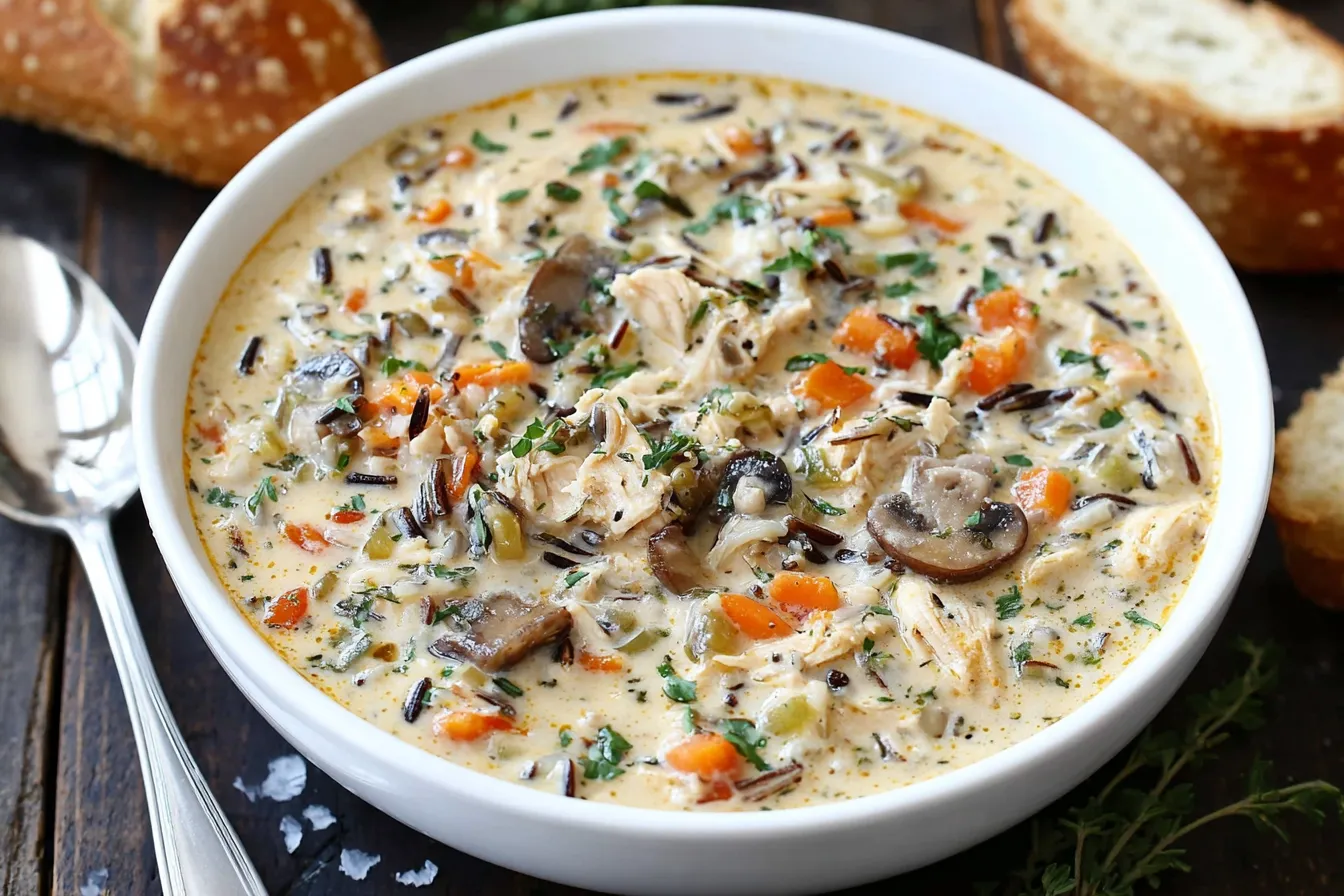 Slow CooCreamy Slow Cooker Chicken and Wild Rice Soup Recipe served in a white bowl with mushrooms, carrots, and herbsker Chicken And Wild Rice Soup2