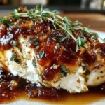 Slow Cooker Chicken with Fig Jam and Goat Cheese garnished with fresh thyme and fig balsamic sauce