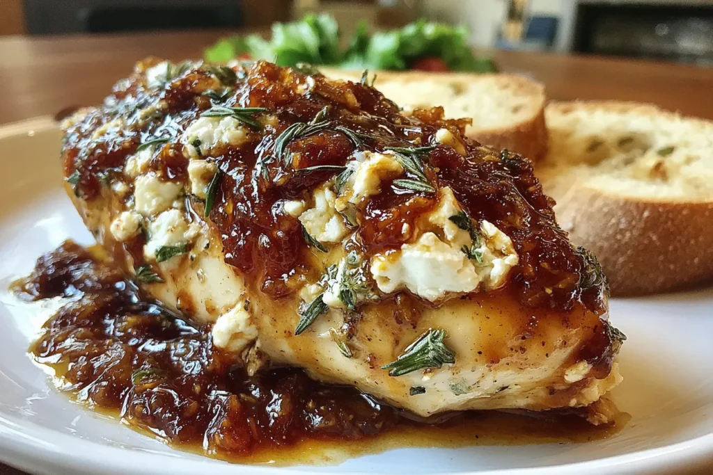 Slow Cooker Chicken with Fig Jam and Goat Cheese served with balsamic fig sauce and fresh thyme