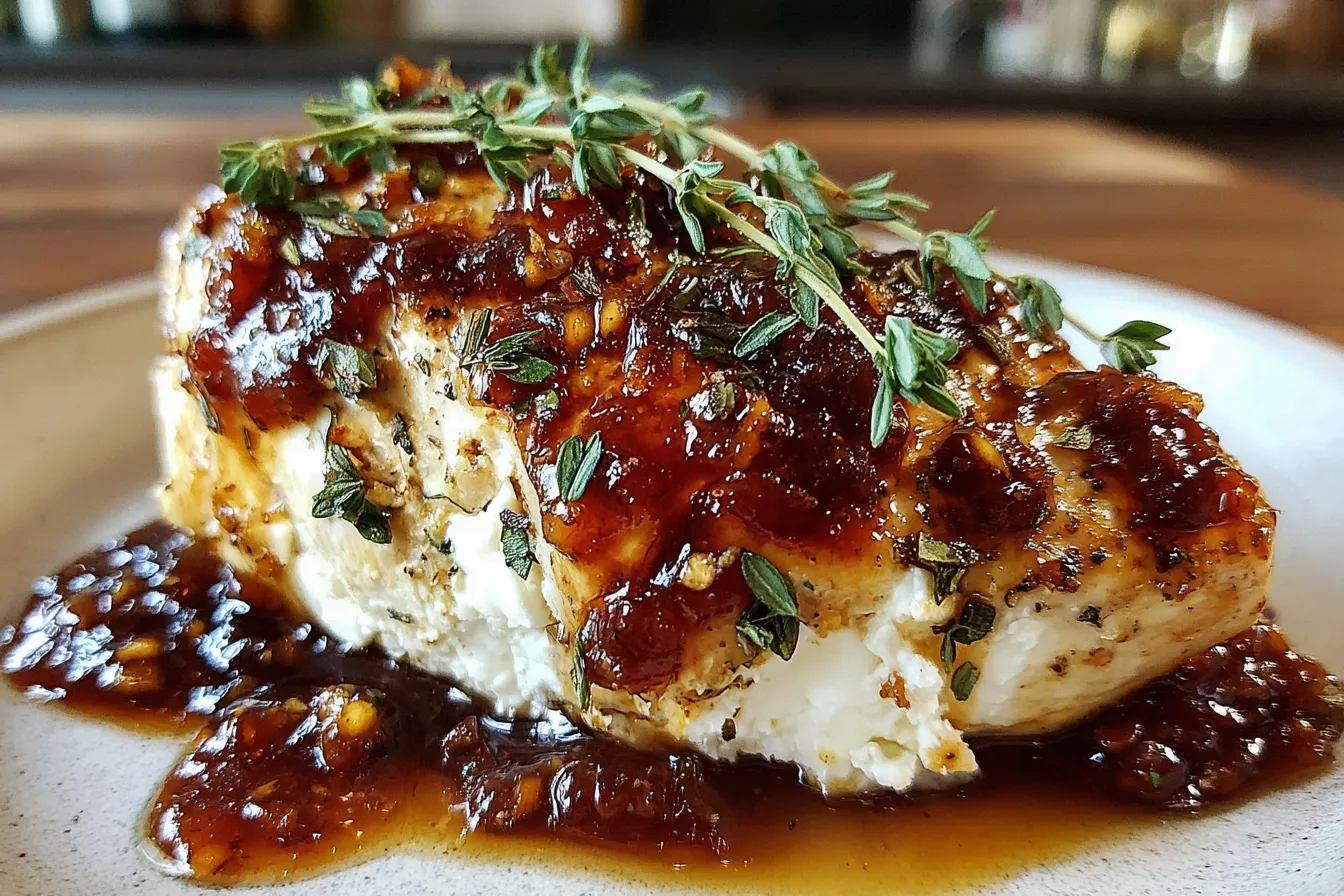 Slow Cooker Chicken with Fig Jam and Goat Cheese garnished with fresh thyme and fig balsamic sauce