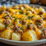 Slow Cooker Cowboy Potato Casserole served hot with melted cheese