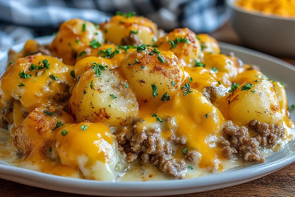 Slow Cooker Cowboy Potato Casserole with cheesy potatoes and ground beef