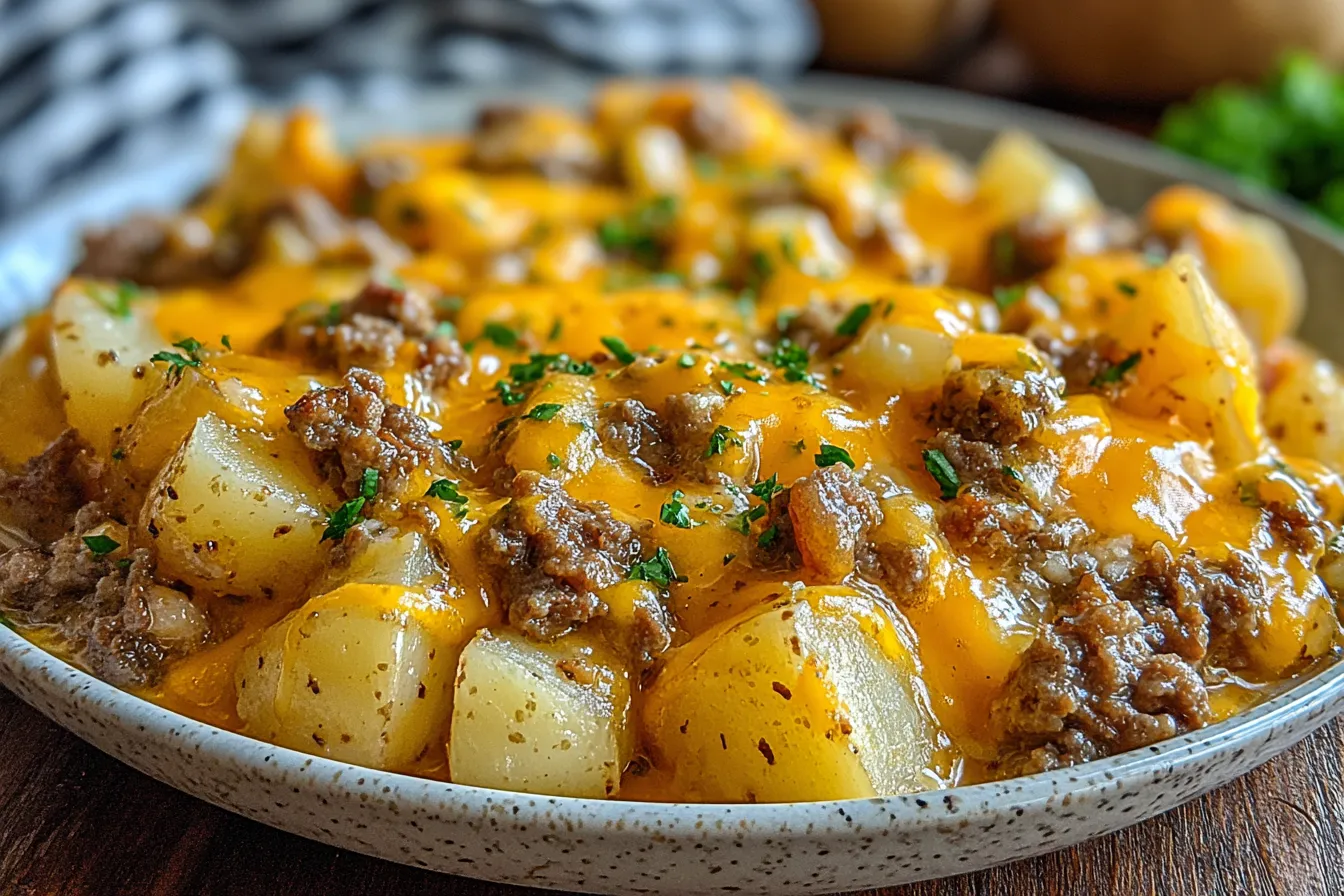 Slow Cooker Cowboy Potato Casserole served hot with melted cheese