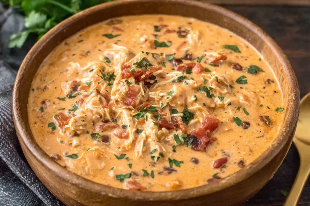 Slow Cooker Cream Cheese Crack Chicken Chili served in a bowl with shredded chicken and bacon