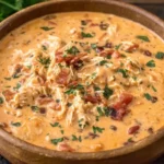 Slow Cooker Cream Cheese Crack Chicken Chili served in a bowl with shredded chicken and bacon