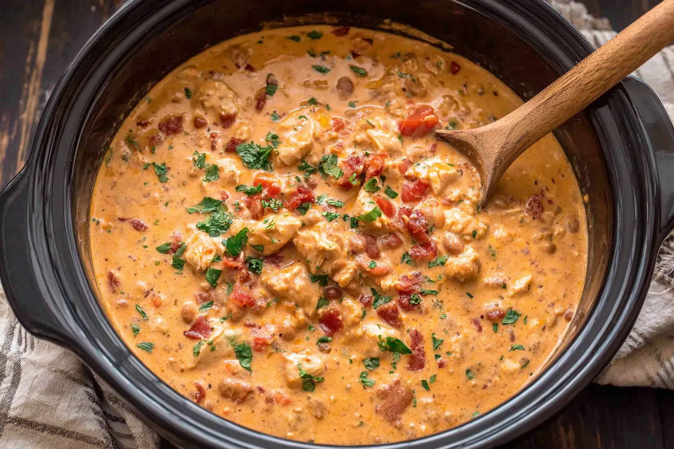 Slow Cooker Cream Cheese Crack Chicken Chili cooking in a crockpot with bacon and creamy broth
