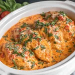Slow Cooker Creamy Tomato Basil Chicken Breast cooking in a rich tomato cream sauce