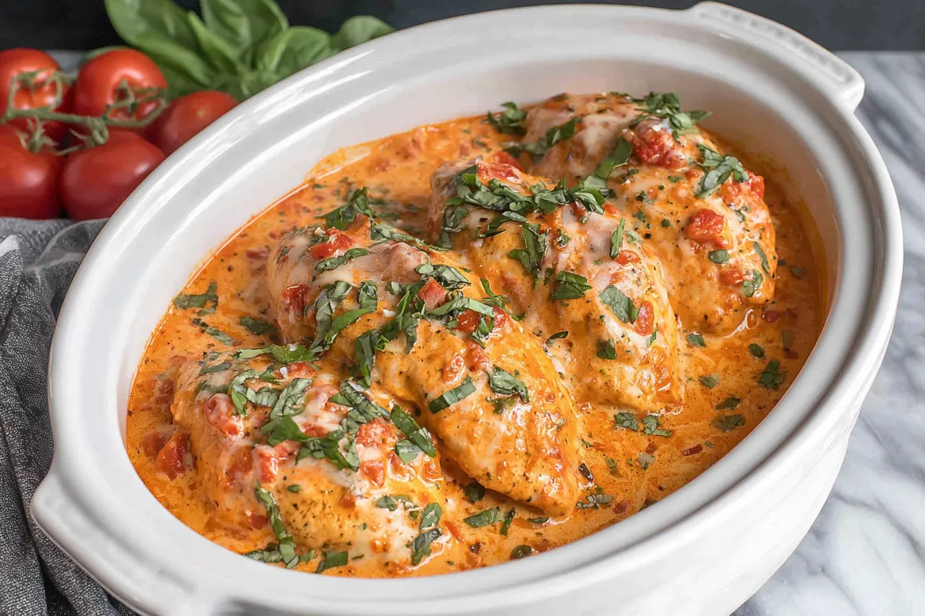 Slow Cooker Creamy Tomato Basil Chicken Breast cooking in a rich tomato cream sauce