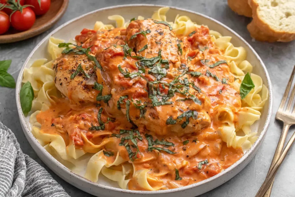 Slow Cooker Creamy Tomato Basil Chicken Breast served over egg noodles with fresh basil