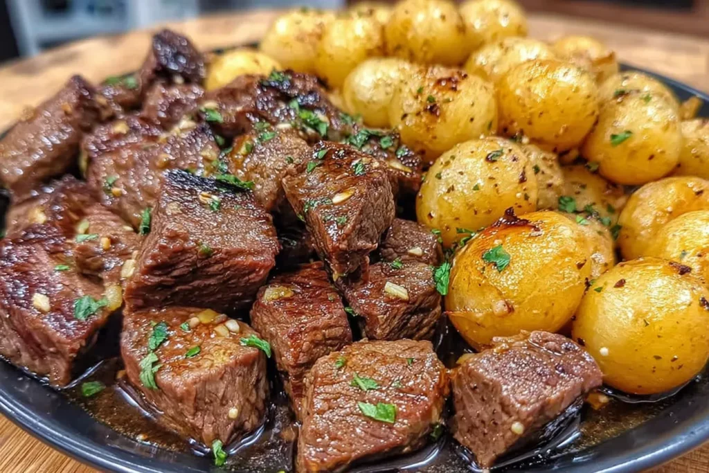 hSlow Cooker Garlic Butter Beef Bites and Potatoes served with perfectly browned beef and seasoned baby potatoes