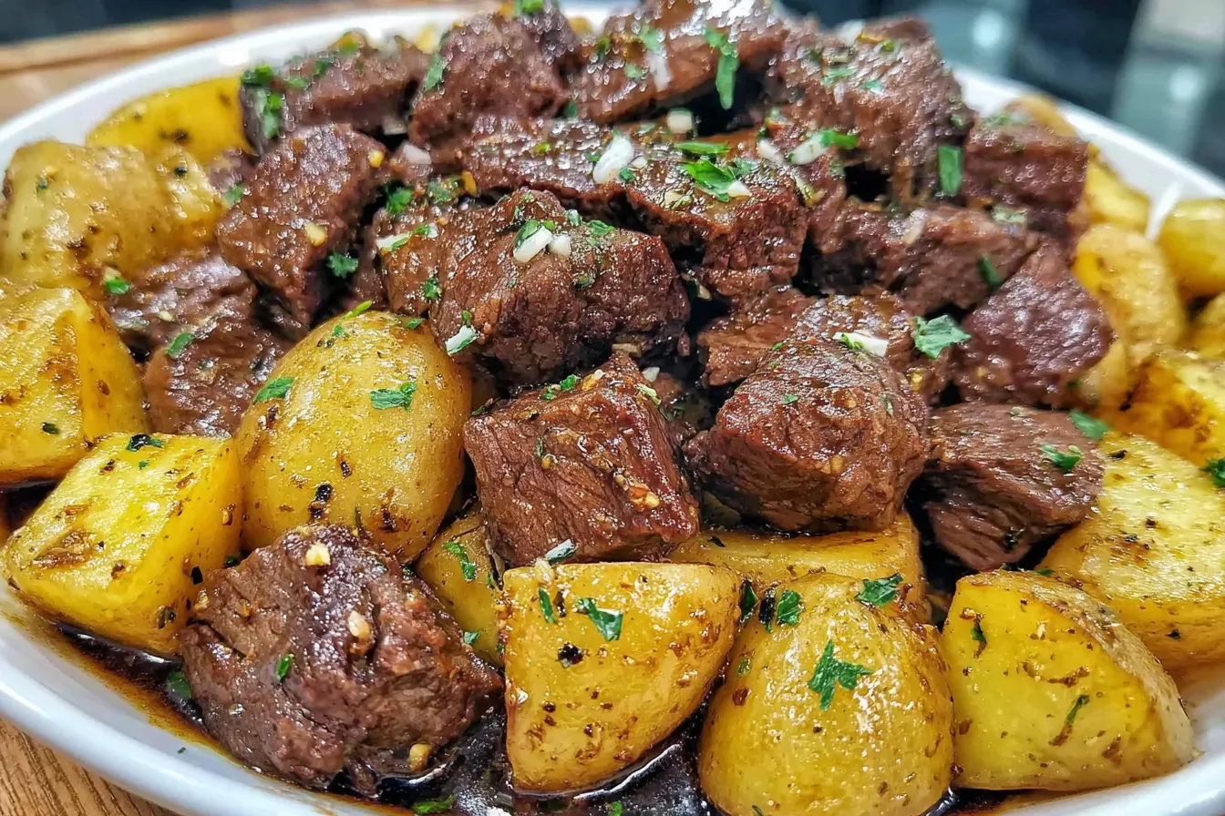 Slow Cooker Garlic Butter Beef Bites and Potatoes with tender beef and golden potatoes in a rich garlic butter sauce