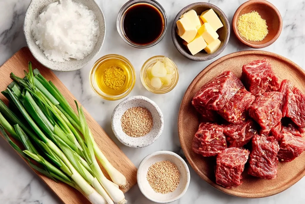 Slow Cooker Korean Beef Recipe ingredients including beef, soy sauce, garlic, ginger, and green onions arranged on a marble surface