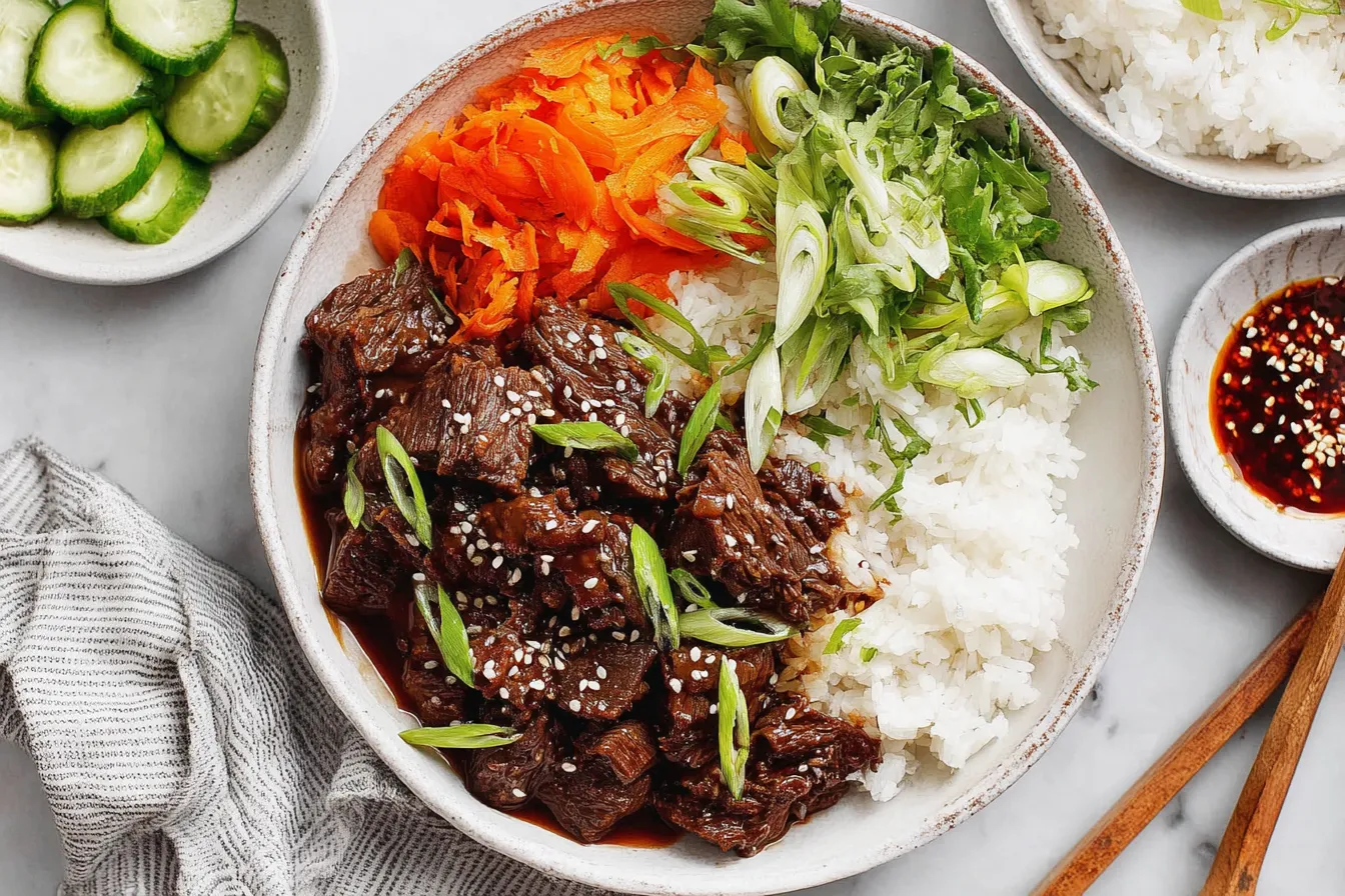 Slow Cooker Korean Beef Recipe bowl with rice, shredded carrots, cucumbers, and scallions