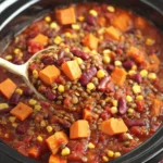 Slow Cooker Lentil Sweet Potato Chili cooking in a crockpot with lentils, beans, corn, and sweet potatoes