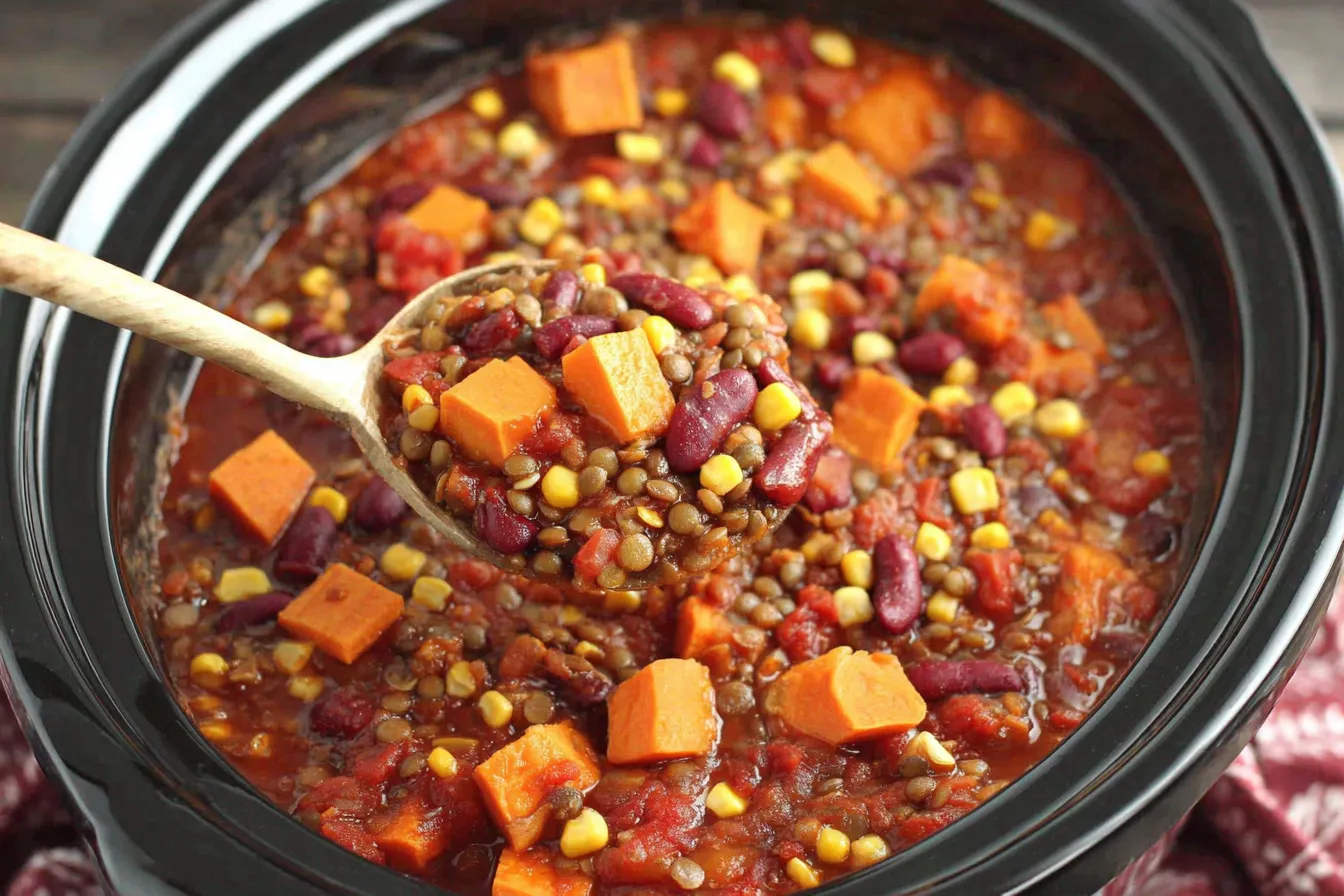 Slow Cooker Lentil Sweet Potato Chili cooking in a crockpot with lentils, beans, corn, and sweet potatoes