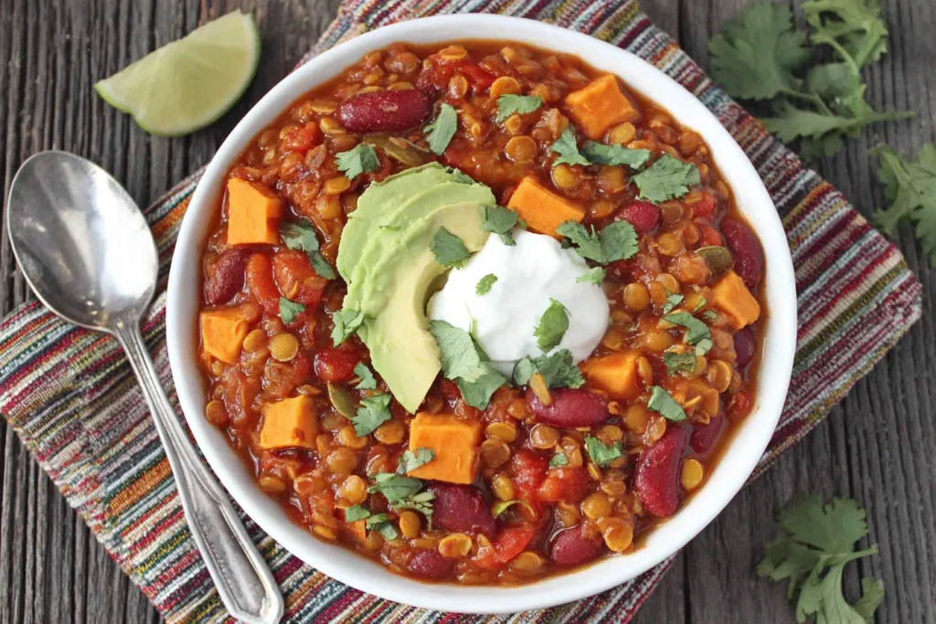 Slow Cooker Lentil Sweet Potato Chili topped with avocado, yogurt, and fresh cilantro in a white bowl