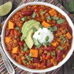 Slow Cooker Lentil Sweet Potato Chili topped with avocado, yogurt, and fresh cilantro in a white bowl