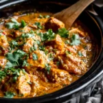 Slow Cooker Peanut Chicken cooking in a rich Thai-inspired peanut sauce