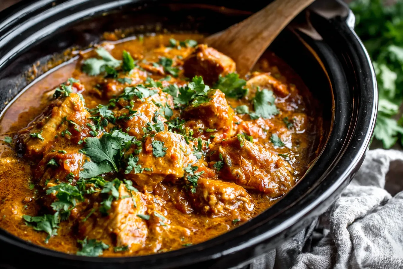 Slow Cooker Peanut Chicken cooking in a rich Thai-inspired peanut sauce
