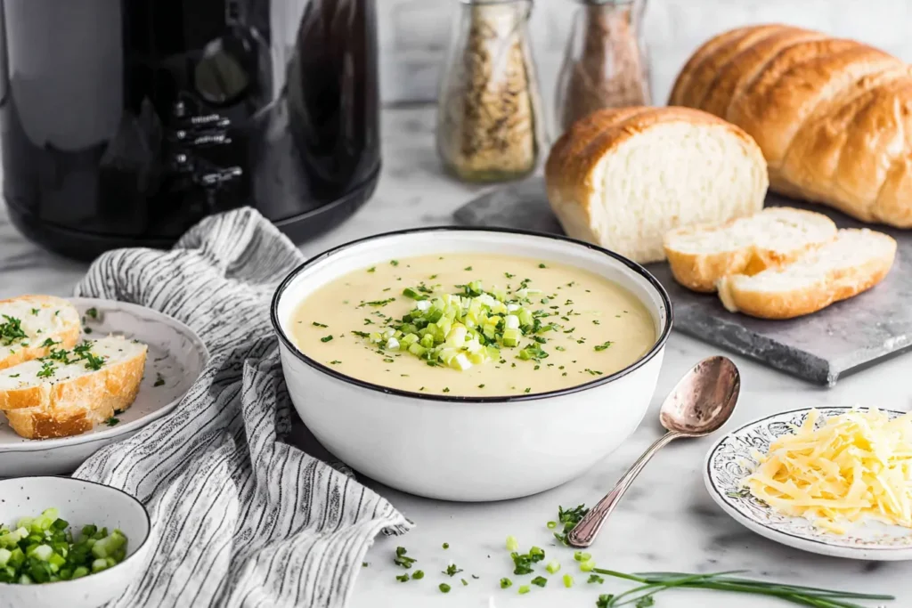 Slow Cooker Potato Leek Soup Recipe served creamy with chives and crusty bread on the side