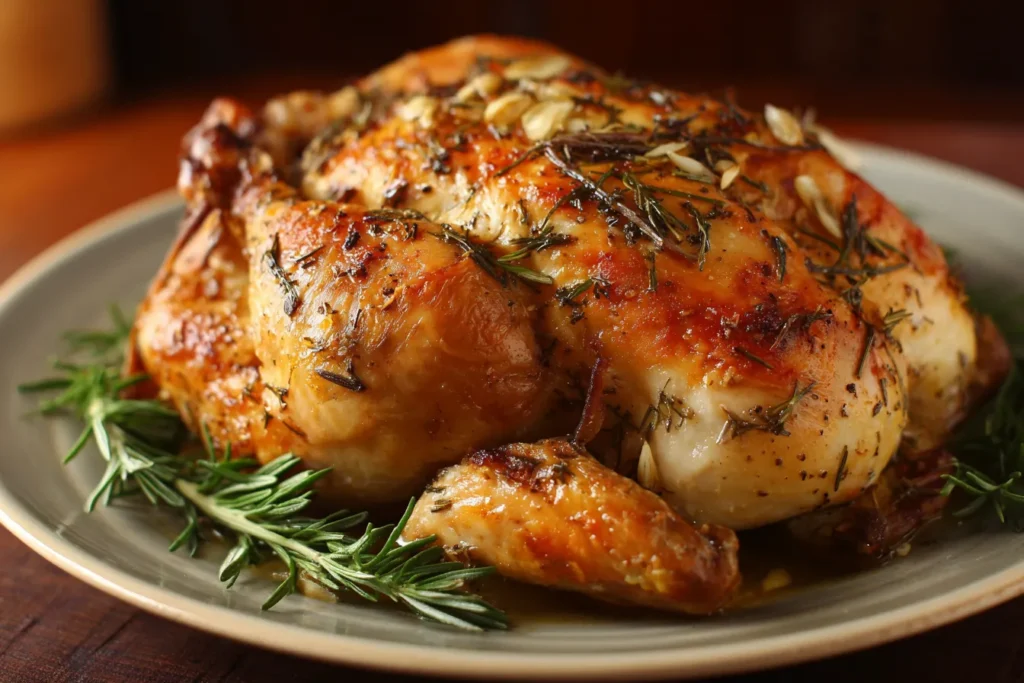Slow Cooker Whole Chicken with Garlic and Herbs garnished with fresh rosemary