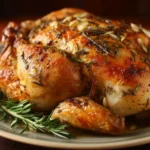 Slow Cooker Whole Chicken with Garlic and Herbs garnished with fresh rosemary