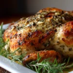 Slow Cooker Whole Chicken with Garlic and Herbs served golden and juicy