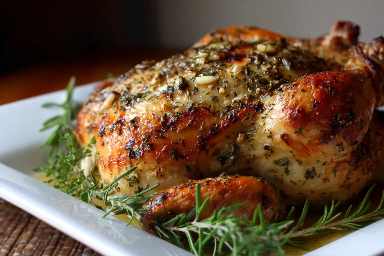 Slow Cooker Whole Chicken with Garlic and Herbs served golden and juicy