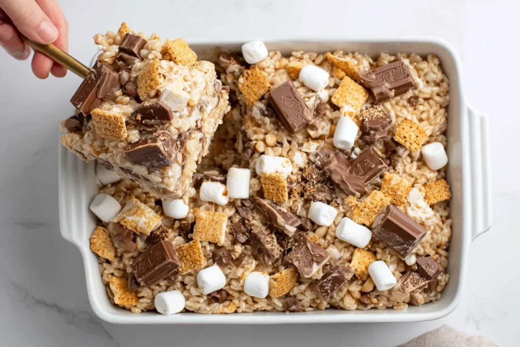 S’mores Rice Krispies Treats in a baking dish with chocolate and marshmallows