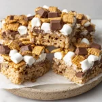 S’mores Rice Krispies Treats stacked with marshmallows chocolate and graham cereal