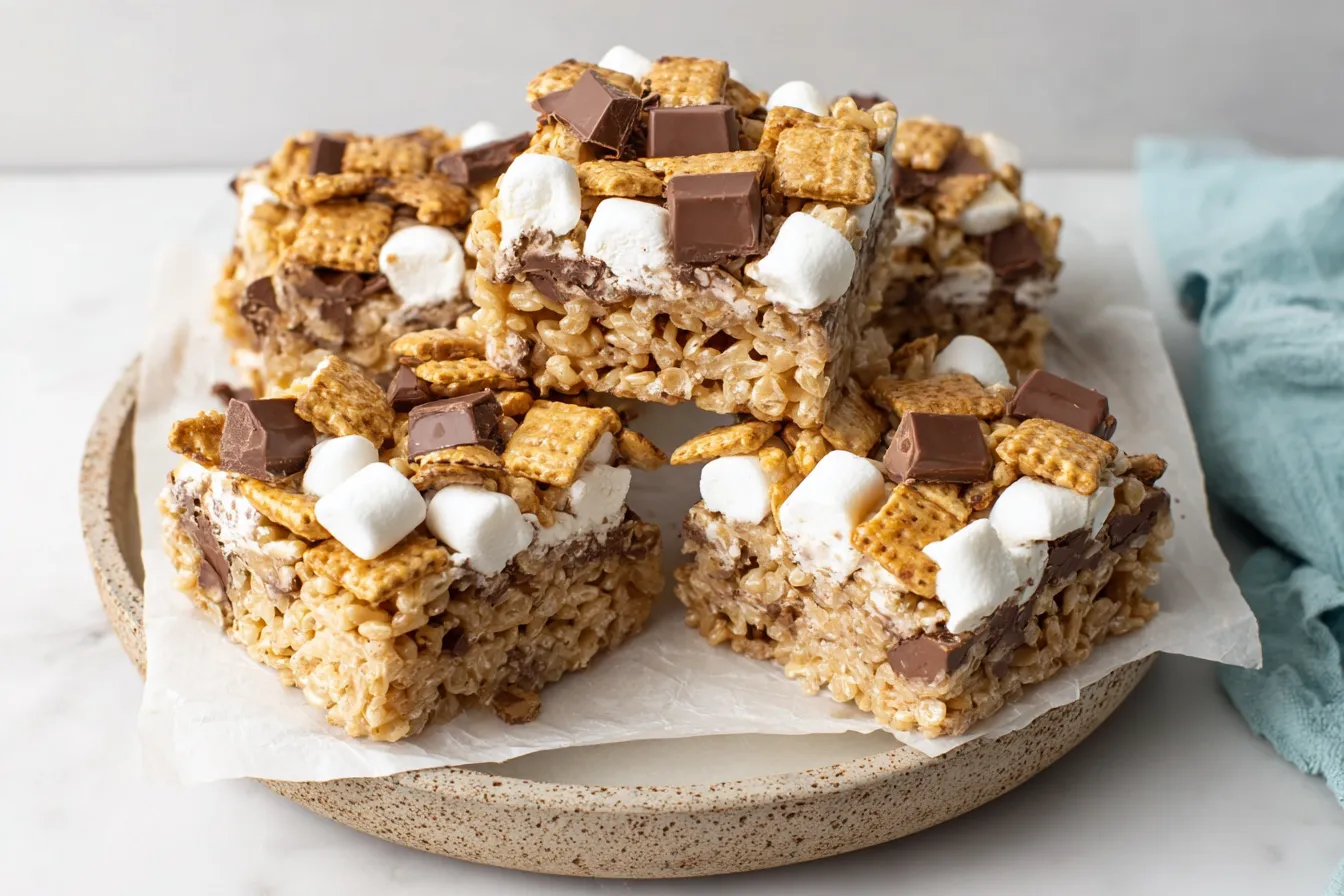 S’mores Rice Krispies Treats stacked with marshmallows chocolate and graham cereal