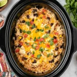 Southwest Crock Pot Chicken and Rice in a slow cooker with shredded chicken, black beans, corn, diced tomatoes, melted cheddar, and fresh cilantro.