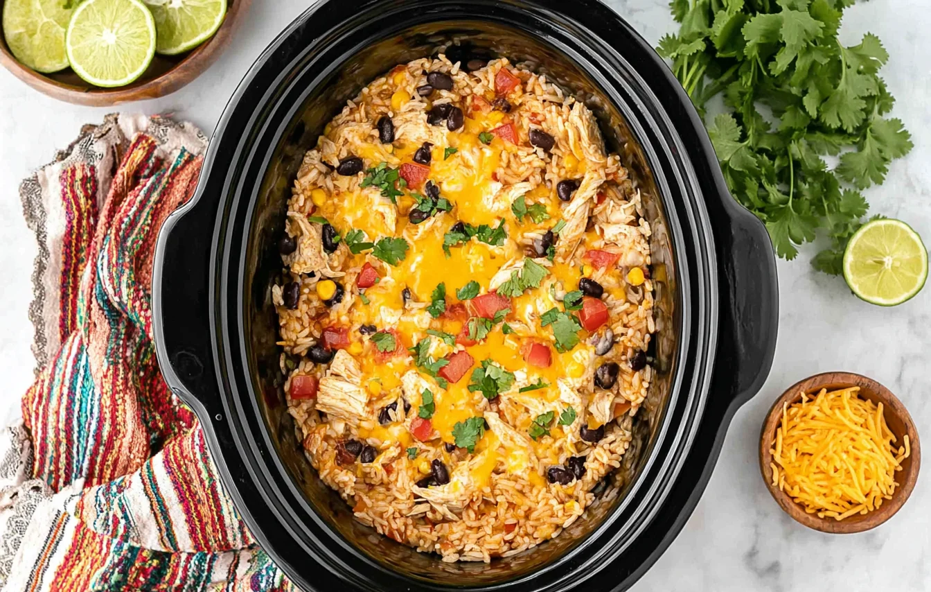 Southwest Crock Pot Chicken and Rice in a slow cooker with shredded chicken, black beans, corn, diced tomatoes, melted cheddar, and fresh cilantro.