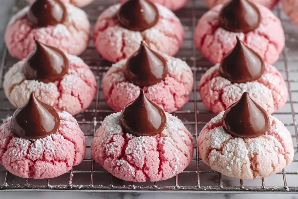 Strawberry Kiss Cookies Recipe cooling on a wire rack with powdered sugar and chocolate kisses