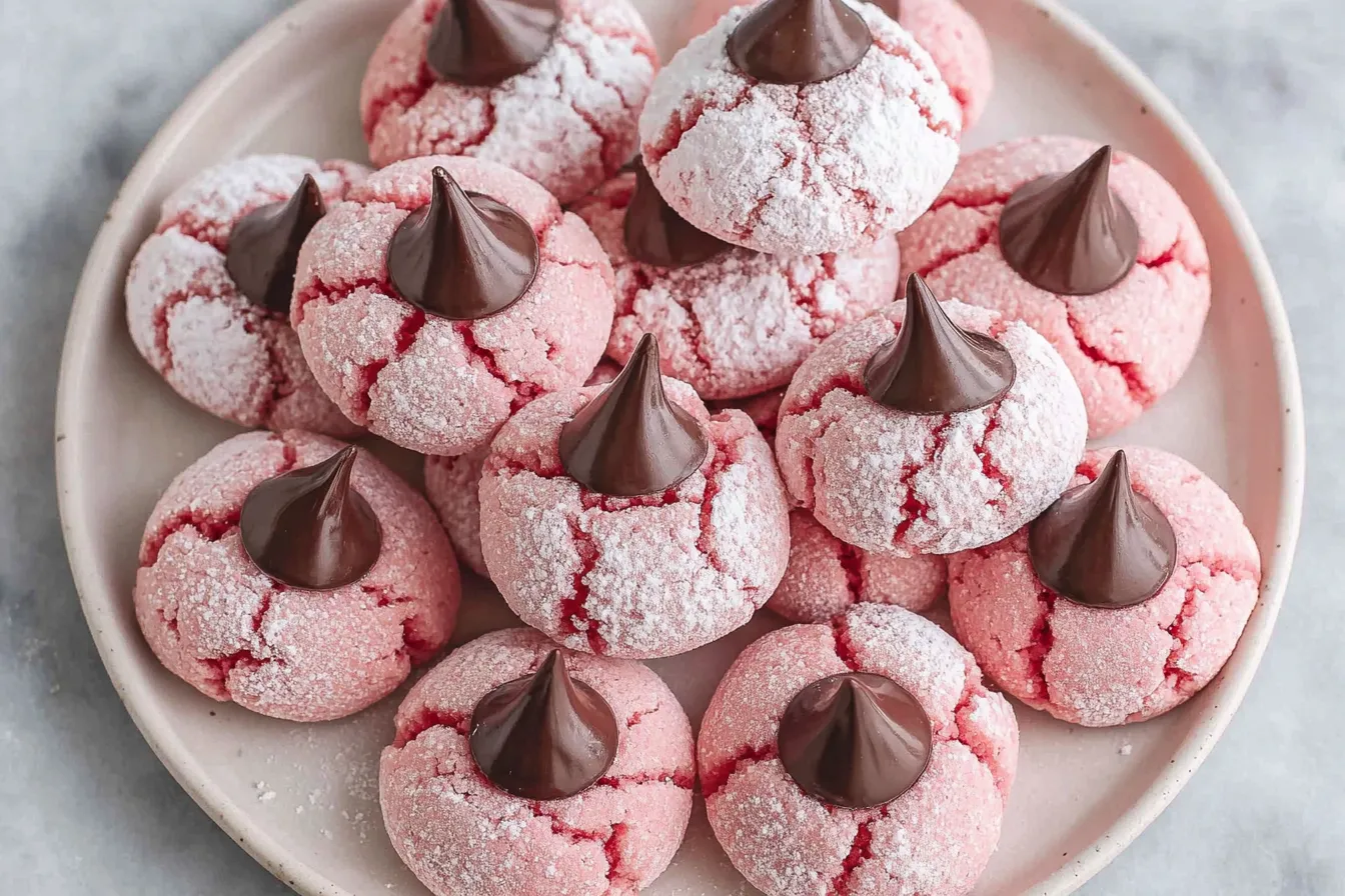 Strawberry Kiss Cookies Recipe served on a plate with powdered sugar and chocolate kisses